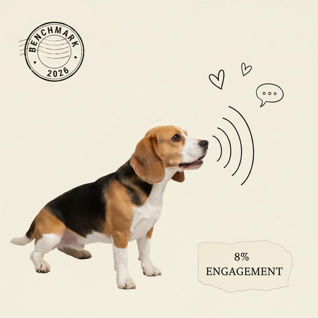 A beagle with ink-drawn sound waves, hearts and a comment bubble radiating from its mouth, next to a torn-paper card reading "8% engagement"