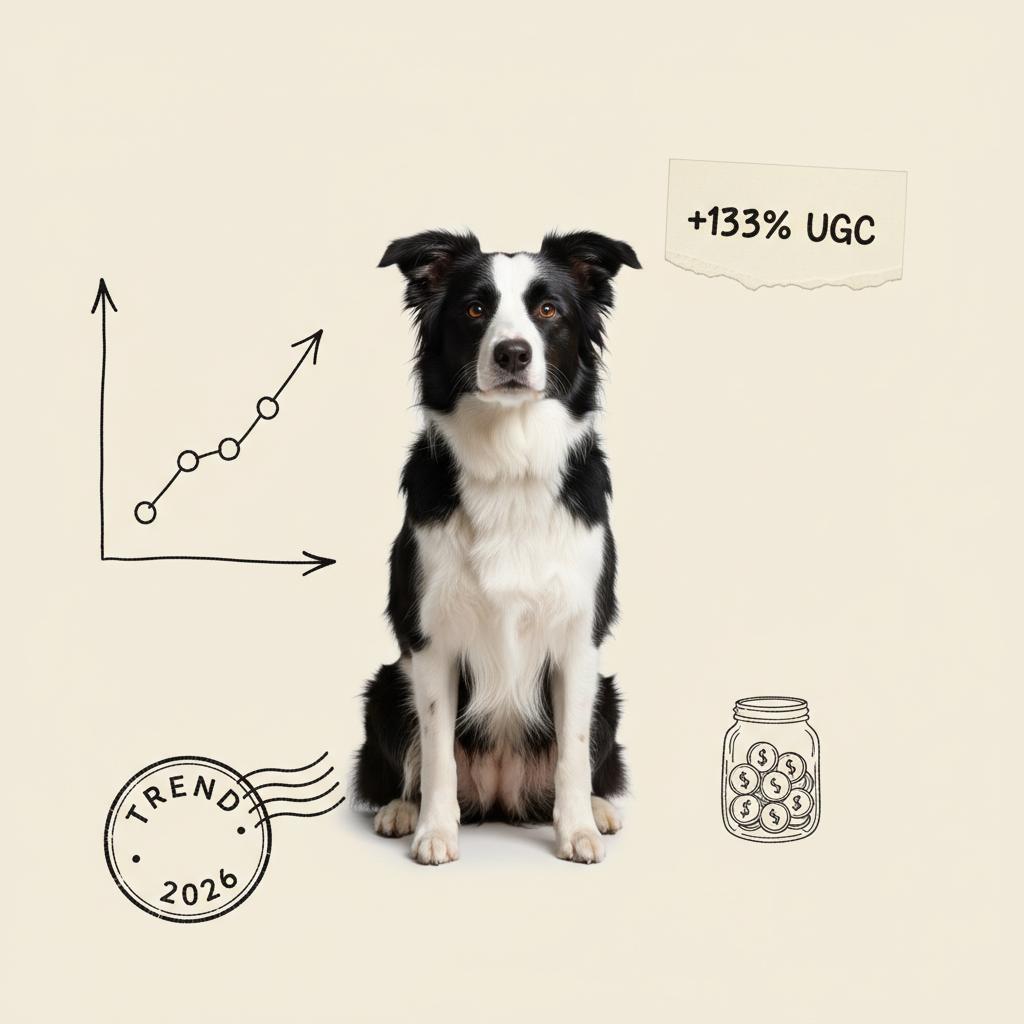 A border collie next to an ink-drawn upward trend chart and a jar of coins, with a torn-paper card reading "+133% UGC"