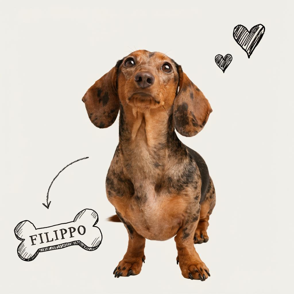 A dachshund looking up beside a hand-drawn bone-shaped name tag reading "Filippo".