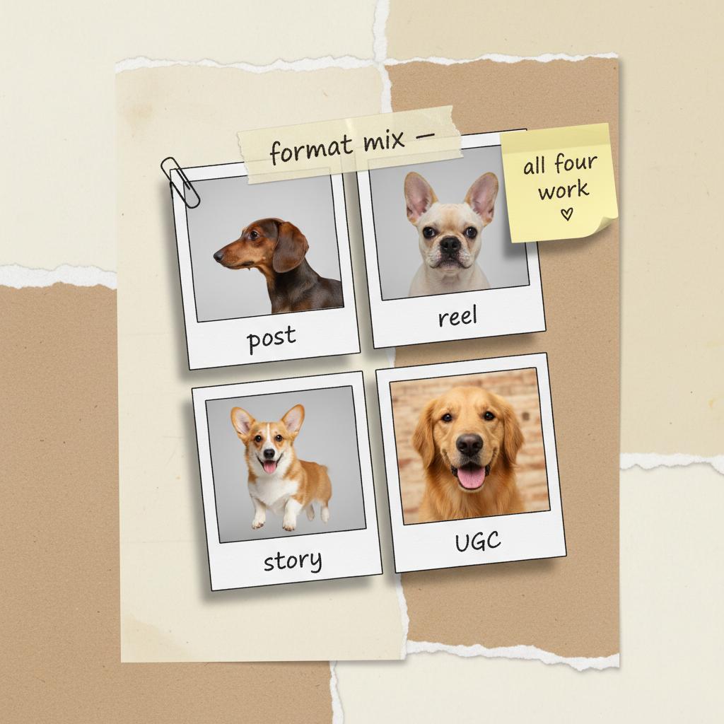A 2x2 polaroid grid showing four different breeds — dachshund, french bulldog, corgi, golden retriever — captioned "post", "reel", "story", "UGC", with a masking-tape header reading "format mix" and a yellow sticky-note "all four work"